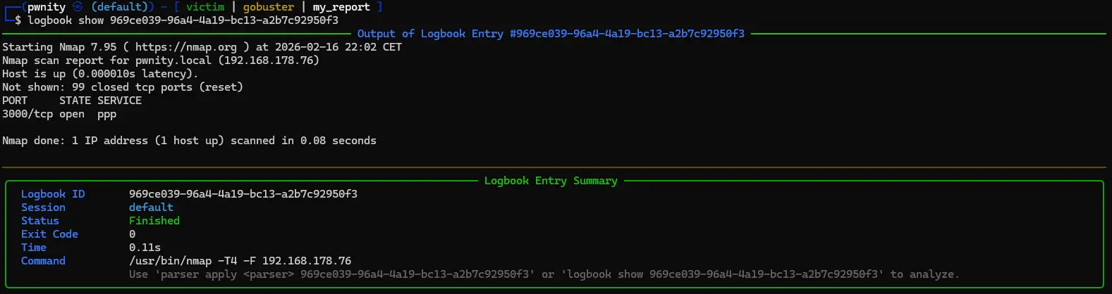 Pwnity Tactical Logbook showing detailed forensic execution data